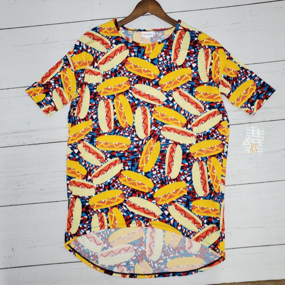 LuLaRoe Irma Tunic Top‎ XS New Hot Dog Food Print High Low Short Sleeve Shirt